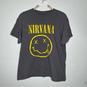 NIRVANA SMILEY FACE GRAY & YELLOW BAND TEE SZ L